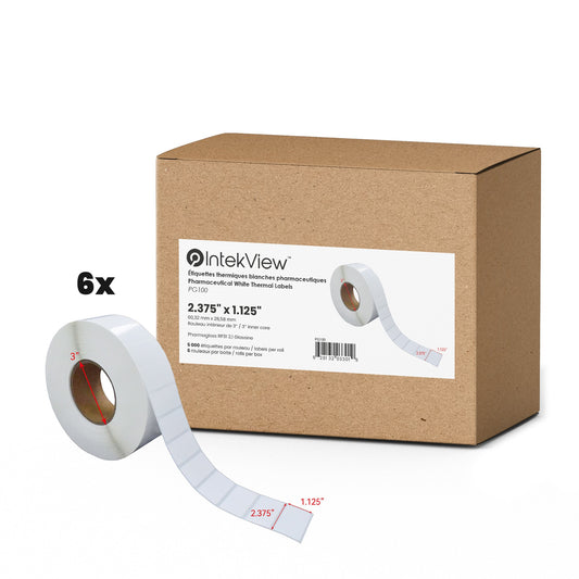 2.375"X1.125" Core 3'' Blanc Direct Thermique Étiquettes Pharmagloss RP31 Blanc Glassine 5000 Étiquettes 6/cs