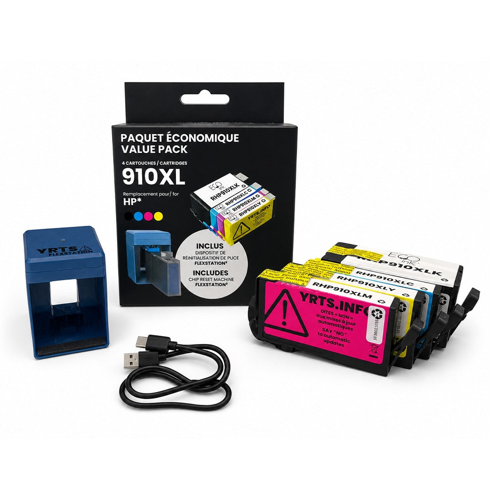 HP 910XL 4-Color Ink Pack (KCMY) + Mini Reset Machine