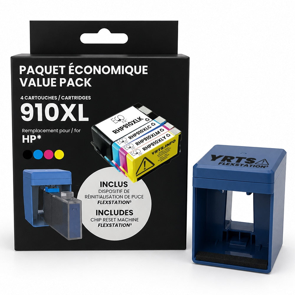 HP 910XL 4-Color Ink Pack (KCMY) + Mini Reset Machine