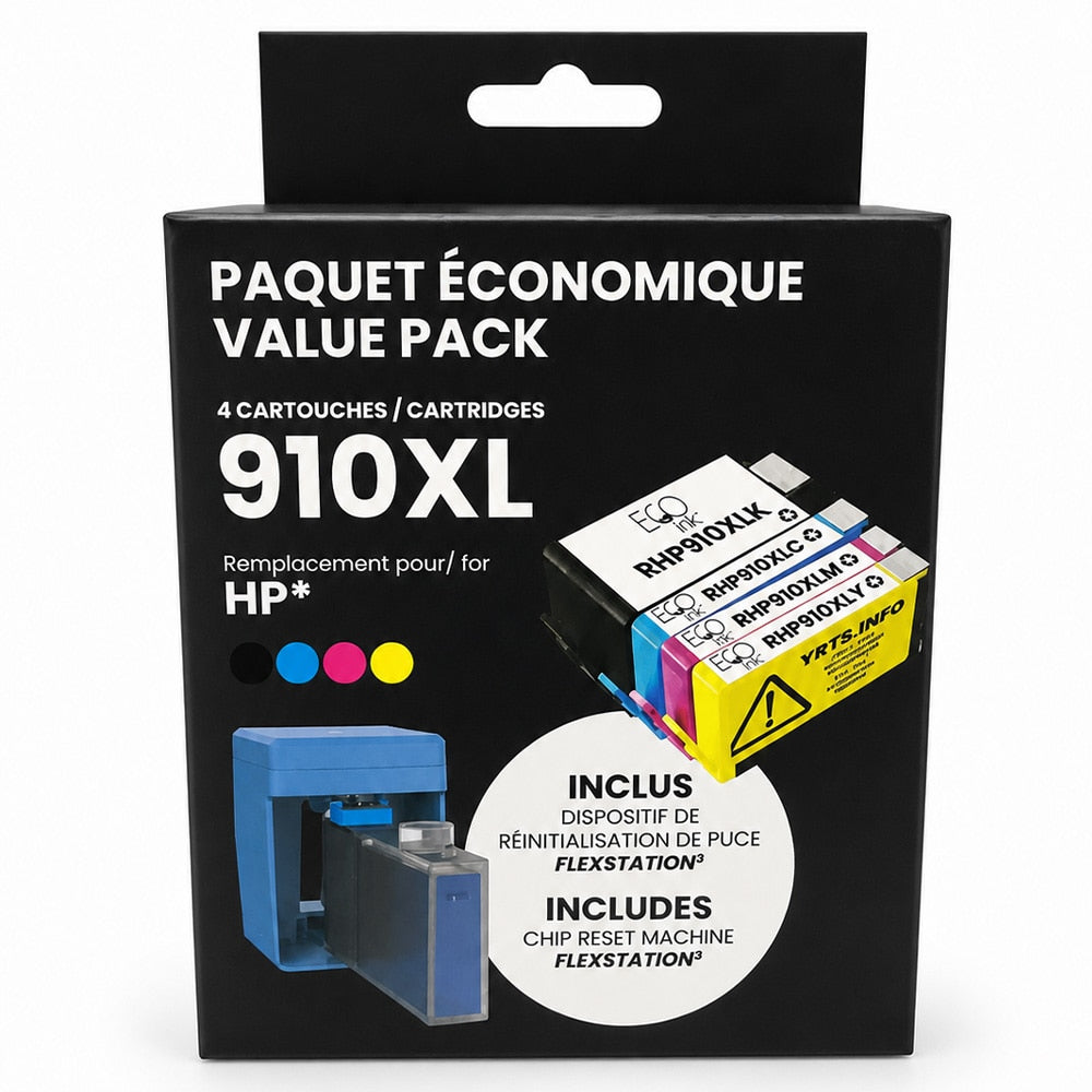 HP 910XL 4-Color Ink Pack (KCMY) + Mini Reset Machine
