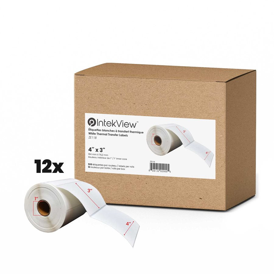 4x3'' Thermique Transfert Étiquettes 1''Core 500/Rouleaux - 12/cs