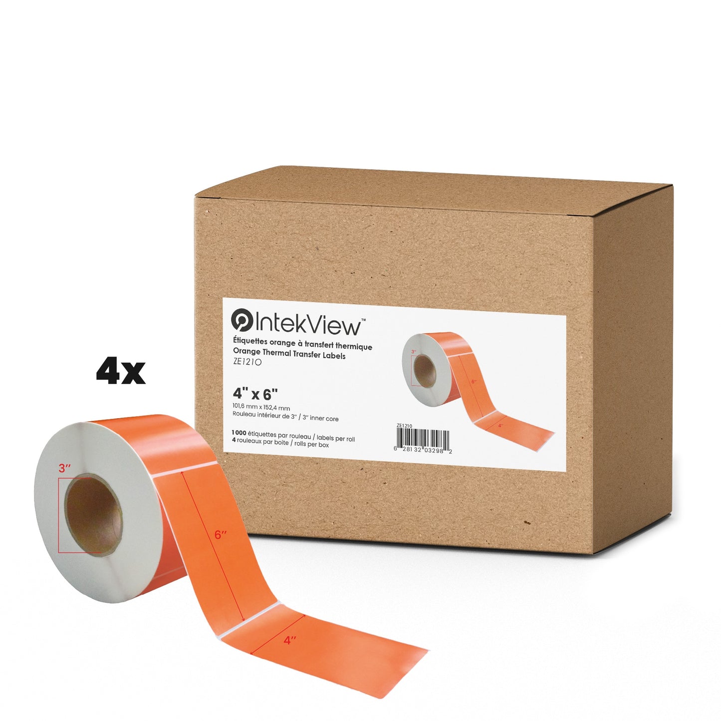 4''x6'' Thermique Transfert Orange Étiquettes 3'' Core 1000/Rouleau 4/cs