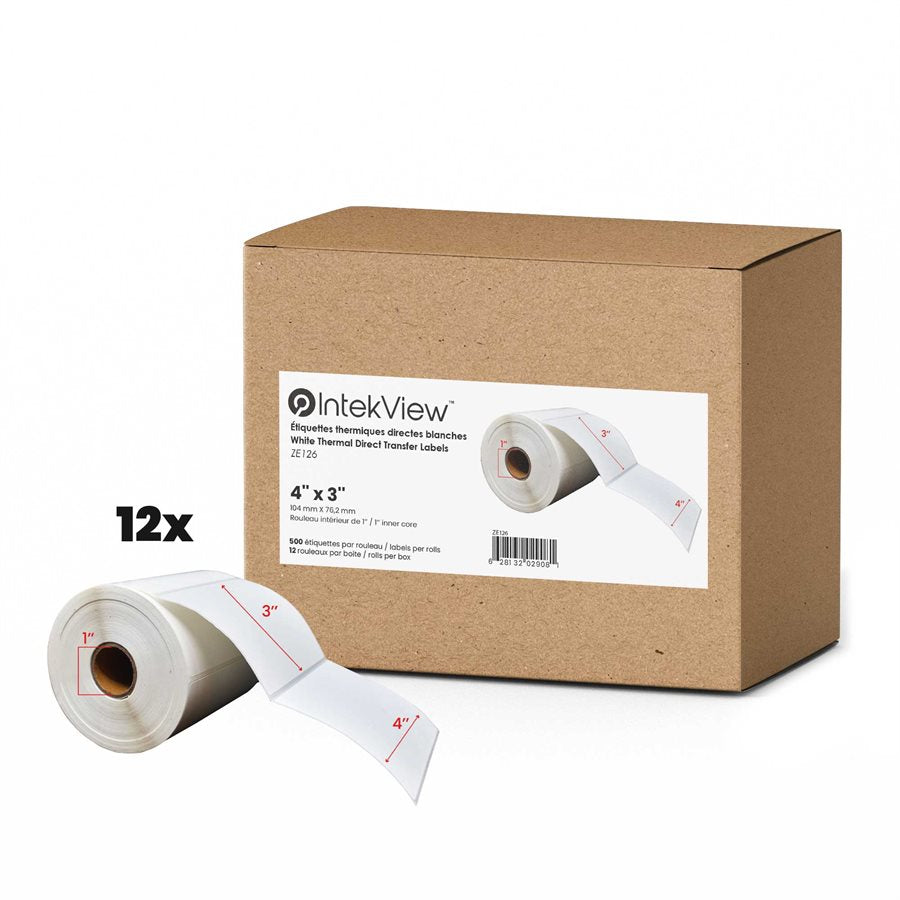 4x3'' Direct Thermique Étiquettes 1''Core 500/Rouleaux - 12/cs