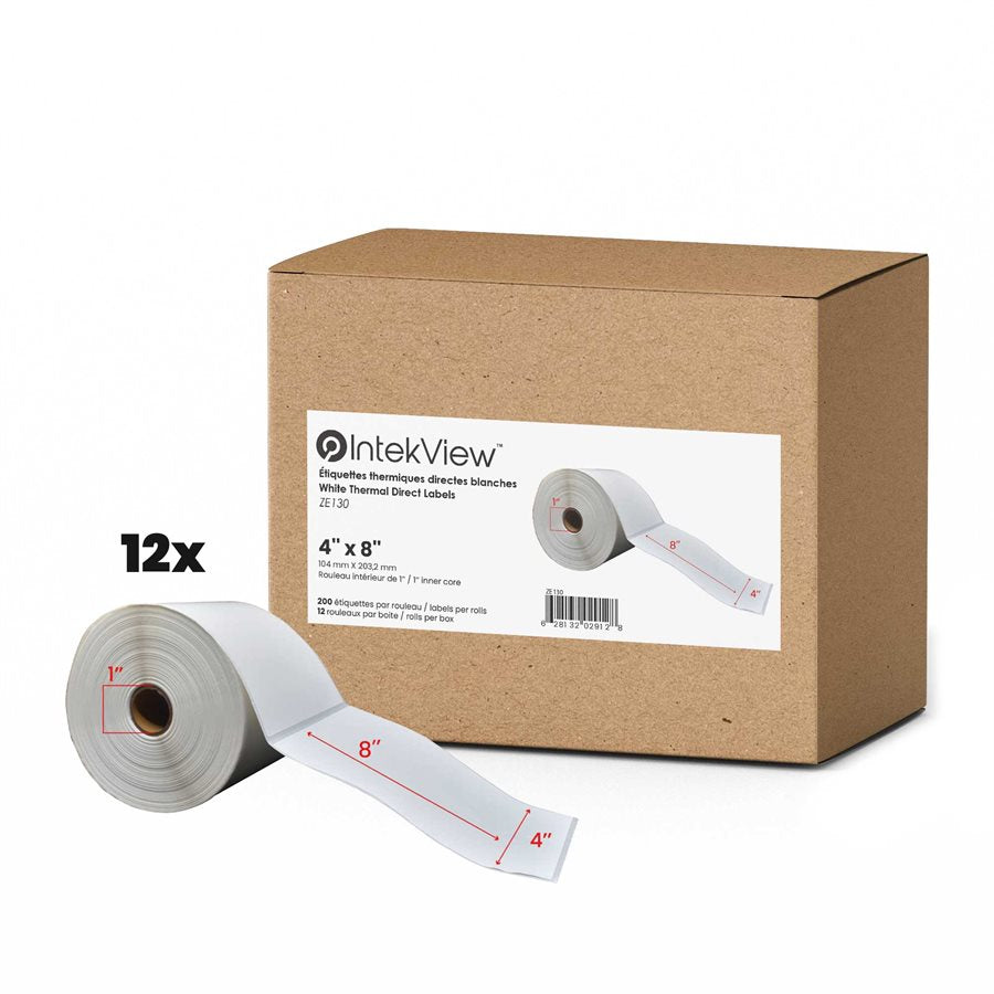 4x8'' Direct Thermique Étiquettes 1''Core 200/Rouleaux - 12/cs
