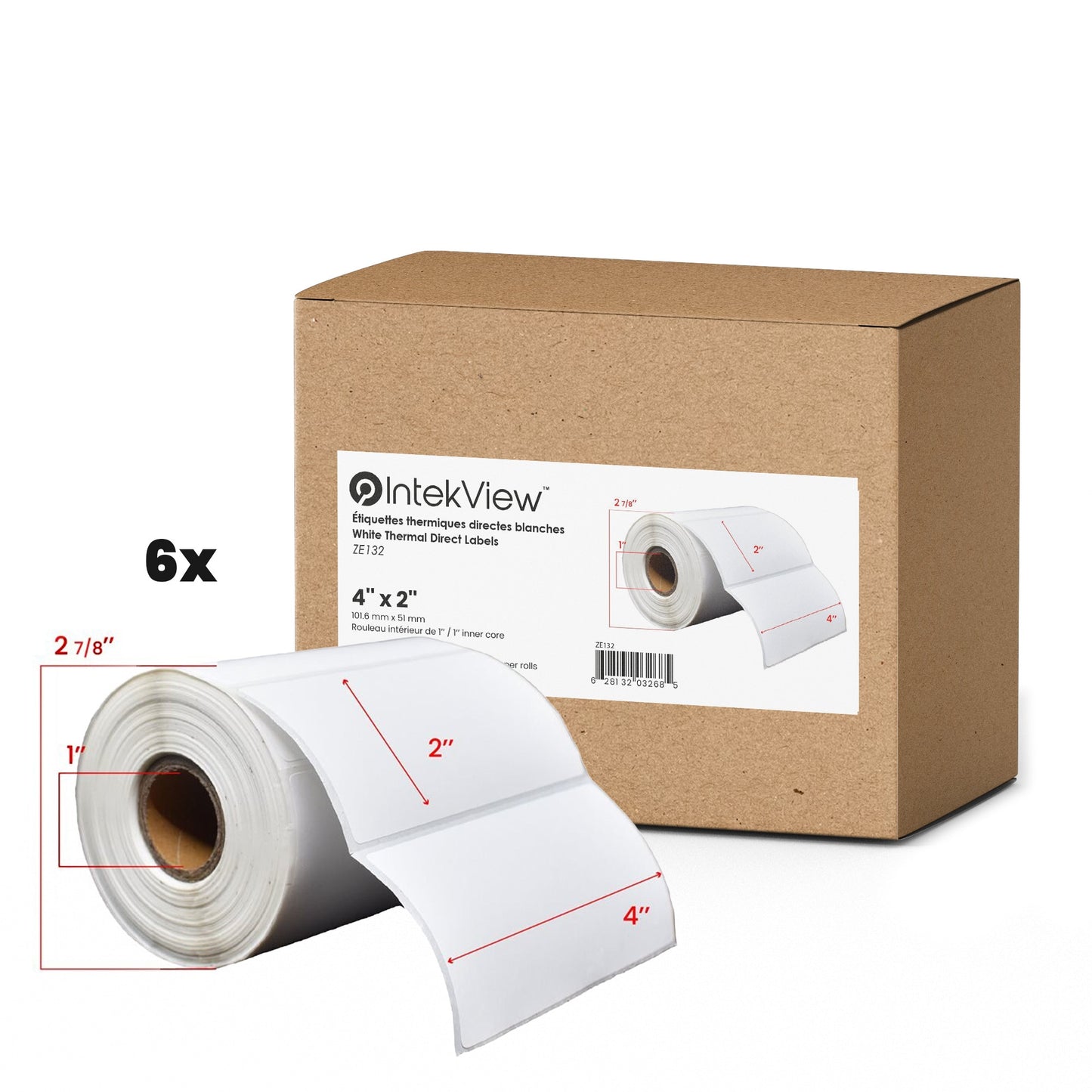 4x2'' Direct Thermique Étiquettes 1''Core 1240/Rouleaux - 6/cs