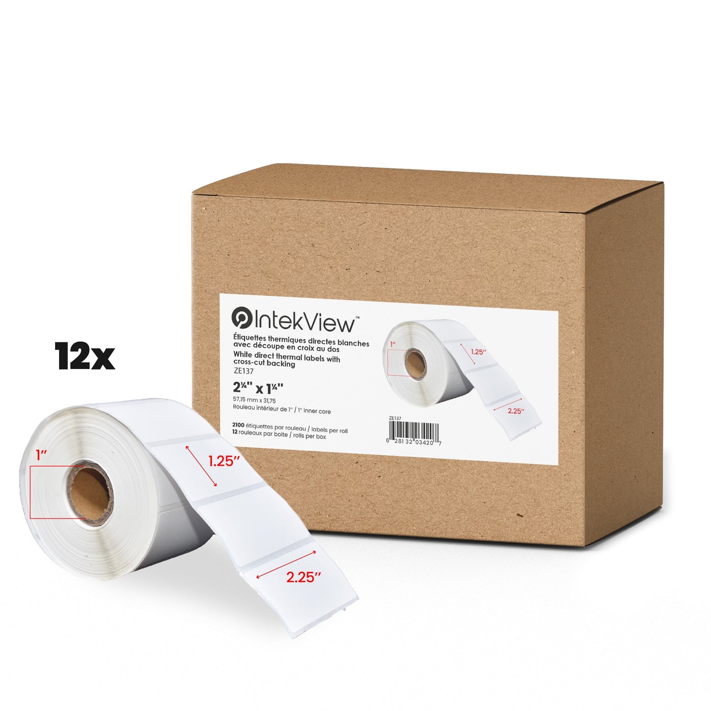 2.25x1.25 Direct Thermique Étiquettes 1'' Core Blanc with Cross cut 2100/Rouleau 12/cs