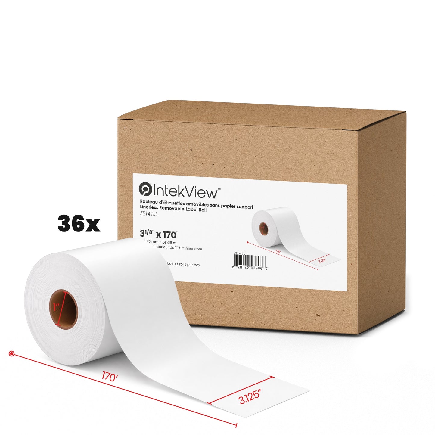 3.125" x 170' Linerless Direct Thermique Removable Étiquette Rouleau 1" Core 36/cs