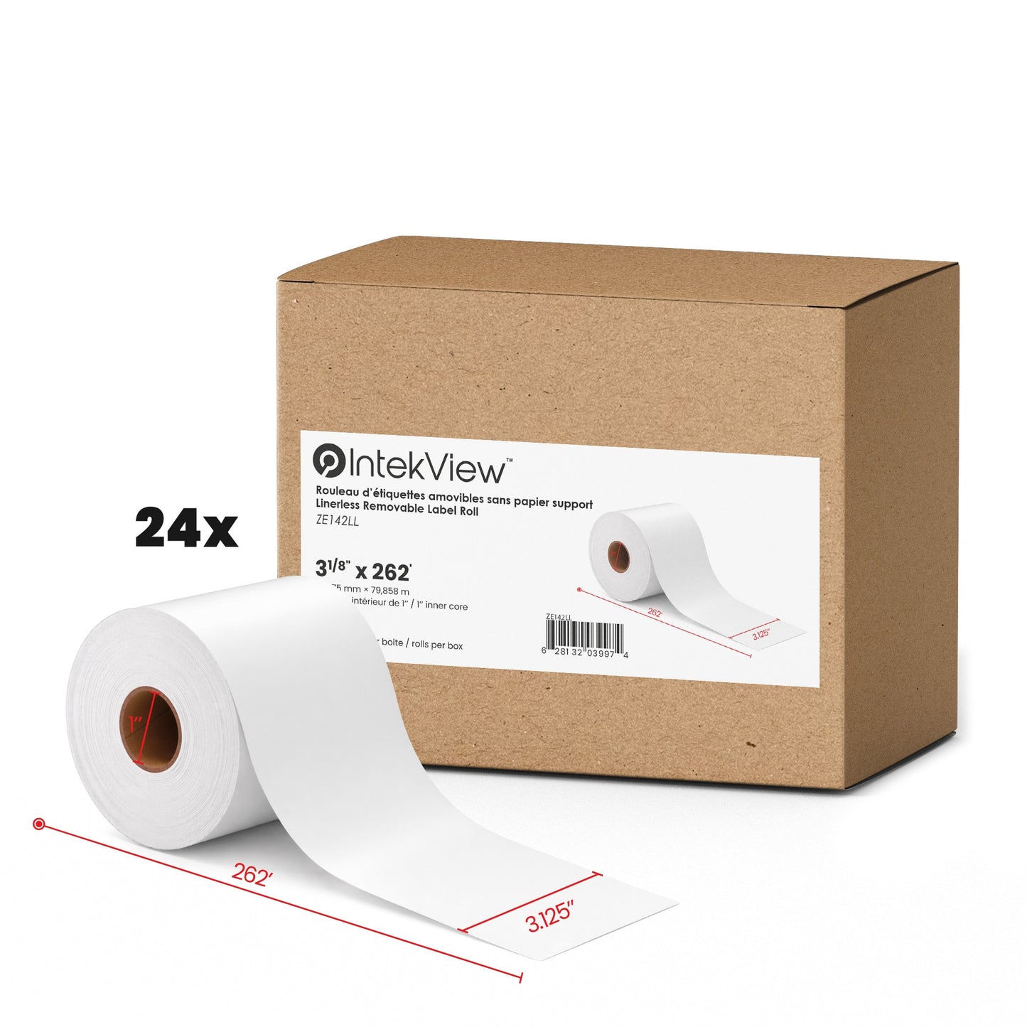 3.125" x 262' Linerless Direct Thermique Removable Étiquette Rouleau 1" Core 24/cs