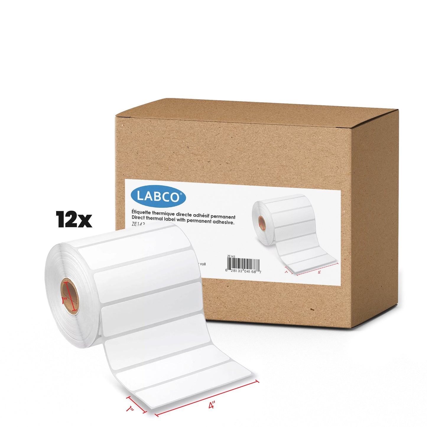 4'' x 1'' Direct Thermique Étiquette Core 1'' - Permanent Adhésif - Bright Blanc - 1300 Étiquettes/Rouleaux 12/CS