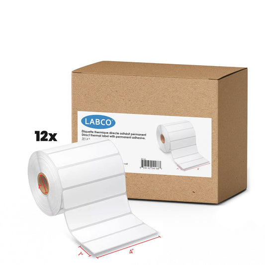 4'' x 1'' Direct Thermique Étiquette Core 1'' - Permanent Adhésif - Bright Blanc - 1300 Étiquettes/Rouleaux 12/CS