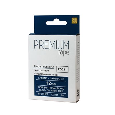 CTZ-231- Rubans compatible TZe-231 - Noire/Blanc - 12mm - Kartouche Plus